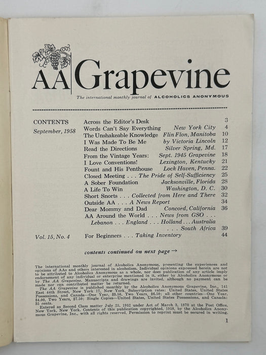 AA Grapevine from September 1958