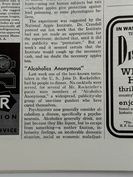 Time Magazine from February 1940 - Alcoholics Anonymous Rockefeller Dinner