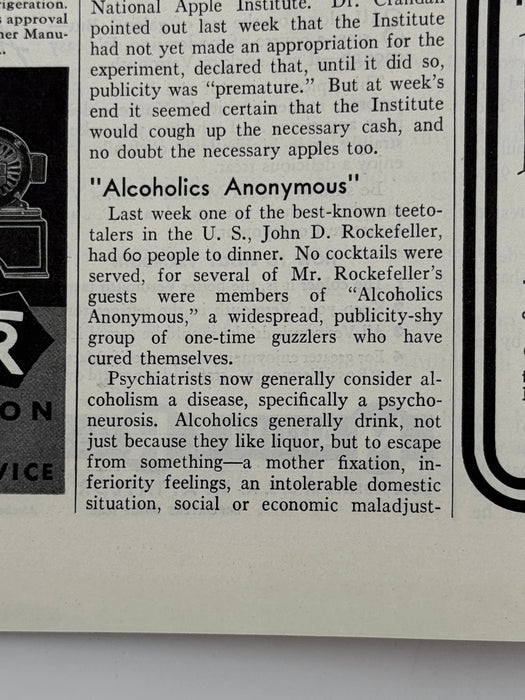 Time Magazine from February 1940 - Alcoholics Anonymous Rockefeller Dinner