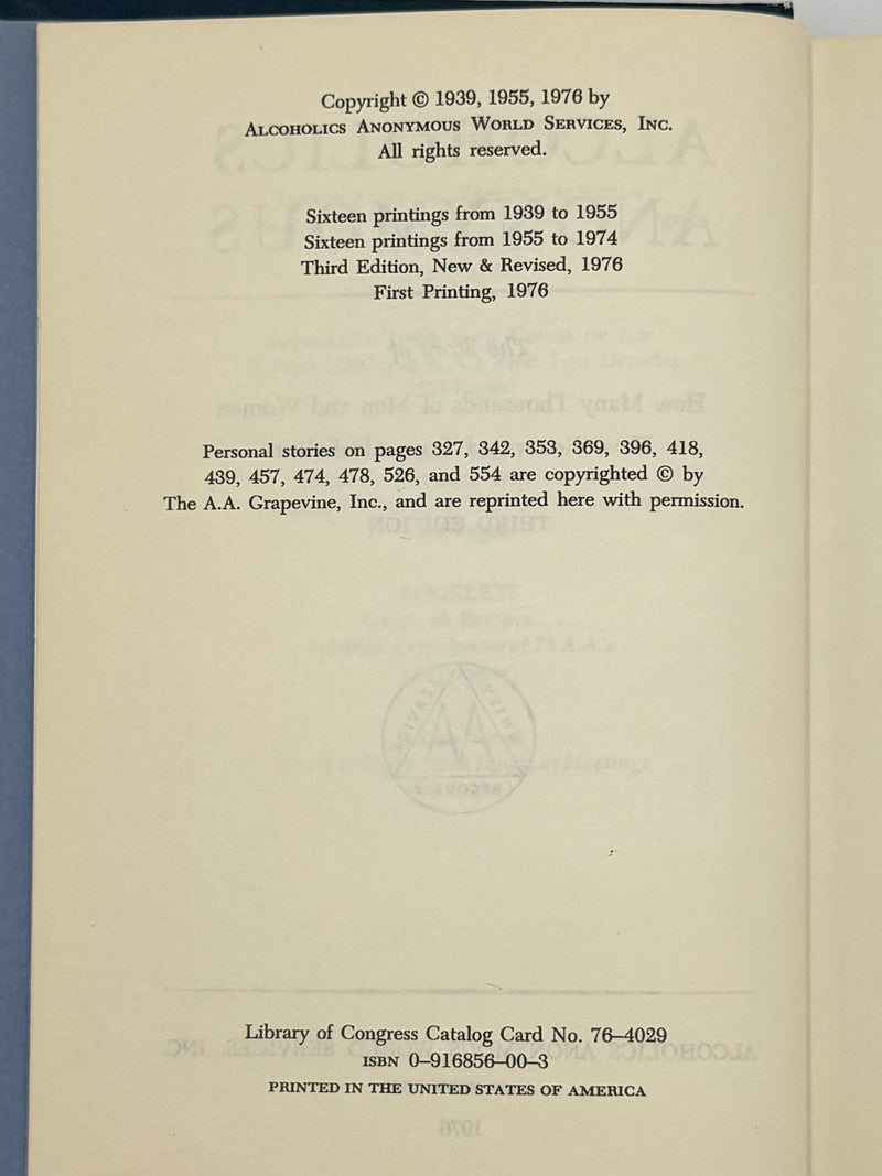 1976 Alcoholics Anonymous Big Book – Third Edition, First Printing – (ODJ)