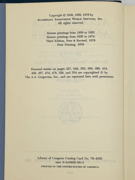 1976 Alcoholics Anonymous Big Book – Third Edition, First Printing – (ODJ)