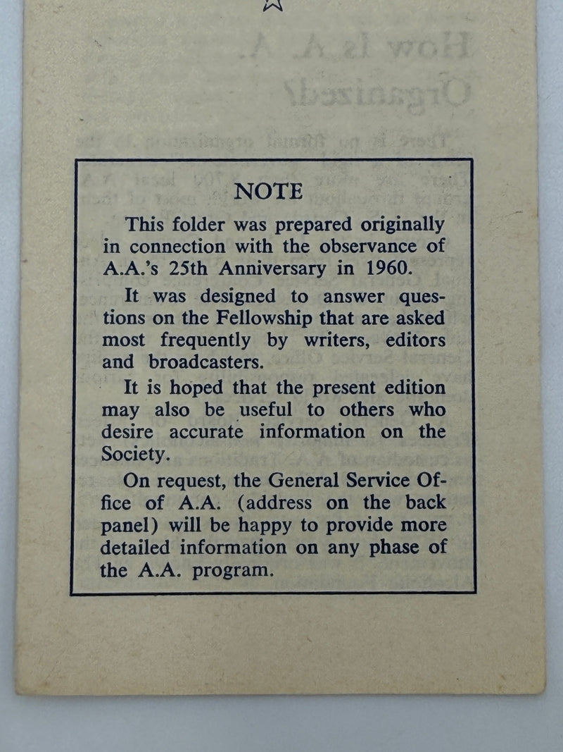 THE FELLOWSHIP OF ALCOHOLICS ANONYMOUS - Pamphlet from 1961