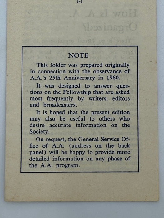 THE FELLOWSHIP OF ALCOHOLICS ANONYMOUS - Pamphlet from 1961