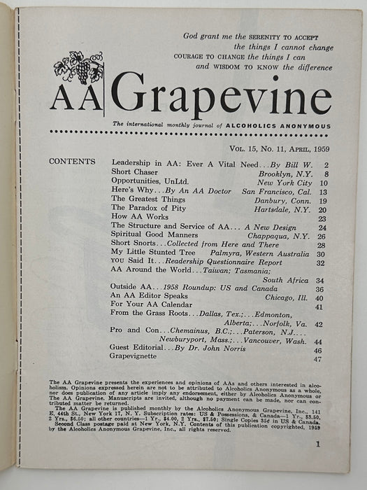 AA Grapevine from April 1959 - Leadership in AA by Bill