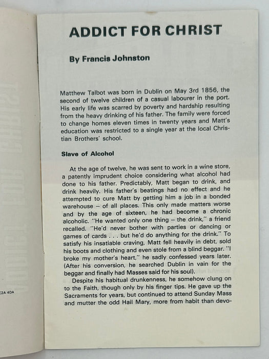 Addict For Christ: The story of Venerable MATT TALBOT By Francis Johnston