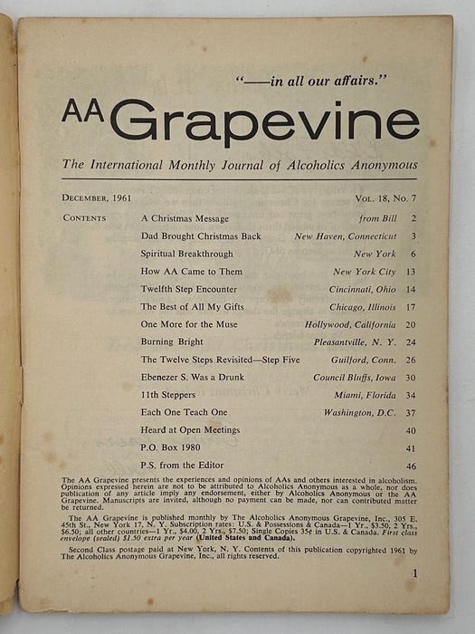 AA Grapevine from December 1961 - Christmas Message from Bill