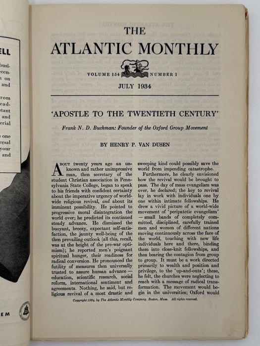 The Atlantic Monthly from July 1934 - 'APOSTLE TO THE TWENTIETH CENTURY' - Buchman