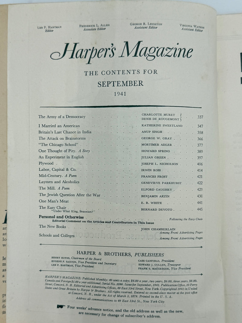 Harper’s Magazine — September 1941 Featuring “Laymen and Alcoholics” by Genevieve Parkhurst
