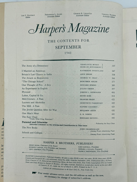 Harper’s Magazine — September 1941 Featuring “Laymen and Alcoholics” by Genevieve Parkhurst