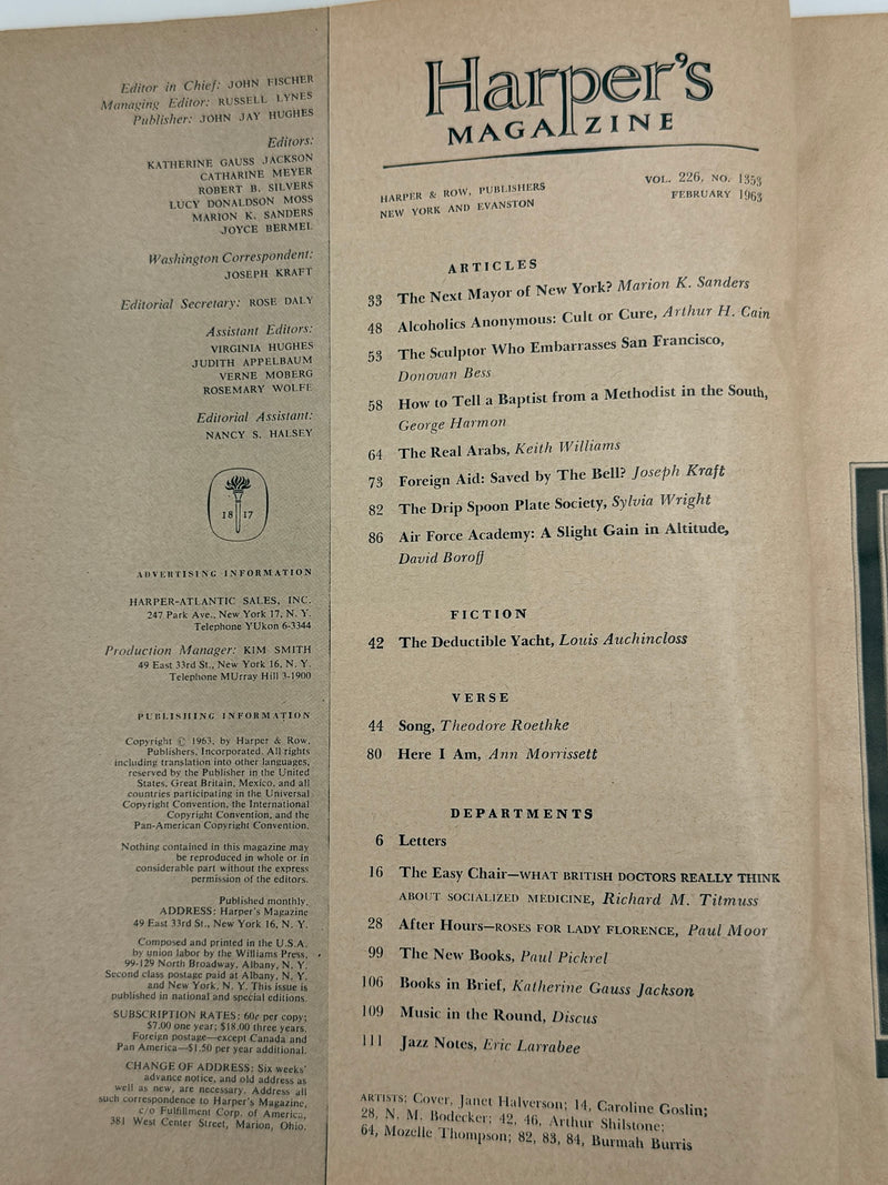 Harper’s Magazine — February 1963  Featuring “Alcoholics Anonymous: Cult or Cure?” by Arthur H. Cain