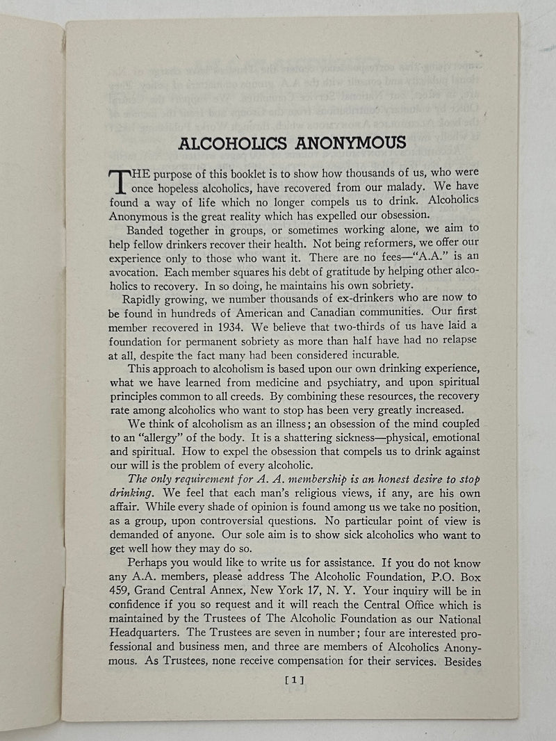 Alcoholics Anonymous Rare 1943 Promo Pamphlet Alcoholic Foundation