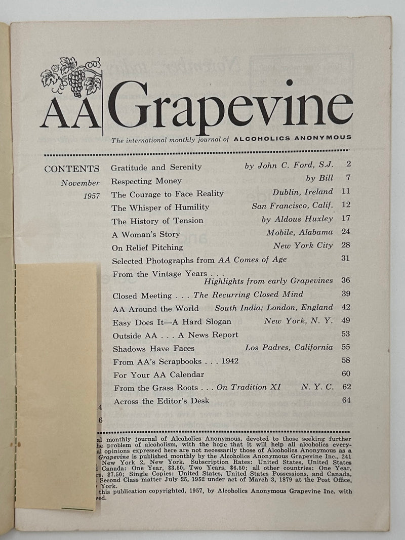AA Grapevine from November 1957 - Traditions Month