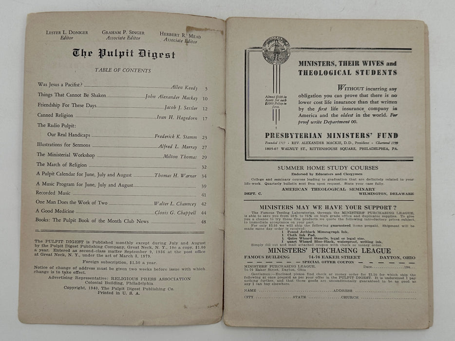 The Pulpit Digest from June 1940 includes Alcoholics Anonymous book advertisement