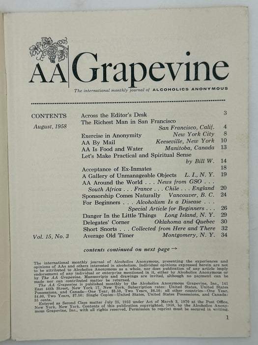 AA Grapevine from August 1958 - Let’s Make Practical and Spiritual Sense by Bill