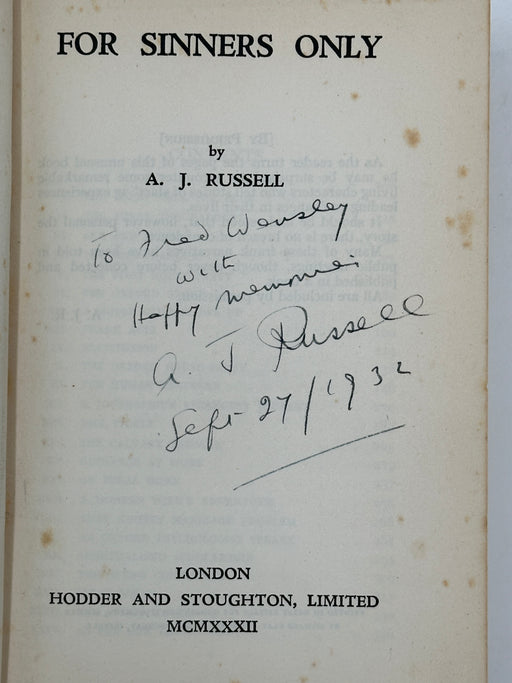 Signed by A.J. Russell - First Printing of For Sinners Only and Handwritten Letter West Coast Collection