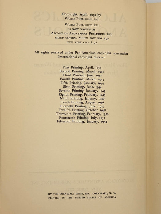 Alcoholics Anonymous — First Edition, Fifteenth Printing (January 1954)