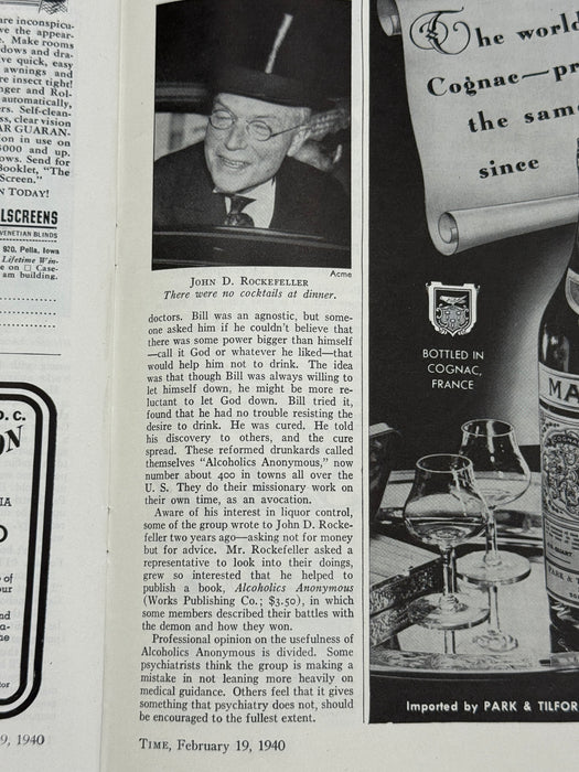 Time Magazine from February 1940 - Alcoholics Anonymous Rockefeller Dinner