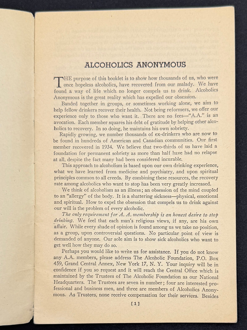 Alcoholics Anonymous Rare 1943 Promo Pamphlet Alcoholic Foundation