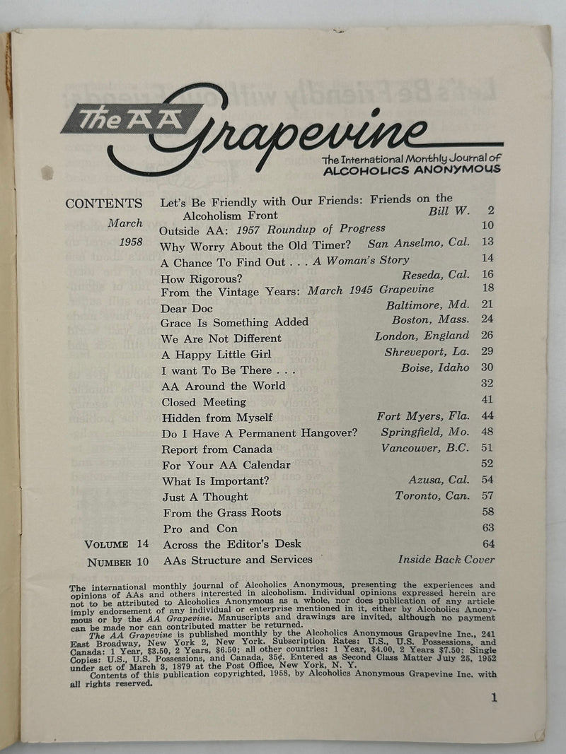 AA Grapevine from March 1958 - Let’s Be Friendly With Our Friends by Bill