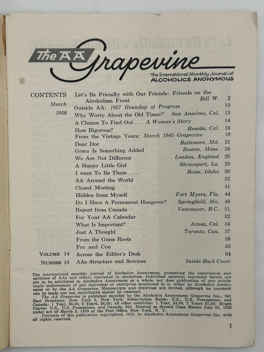 AA Grapevine from March 1958 - Let’s Be Friendly With Our Friends by Bill