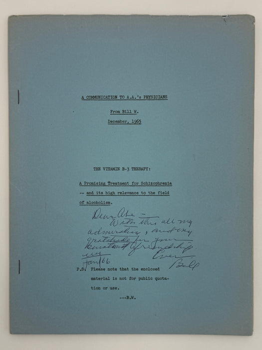 The Vitamin B-3 Therapy Communications - Signed by Bill W. & Dr. Abram Hoffer