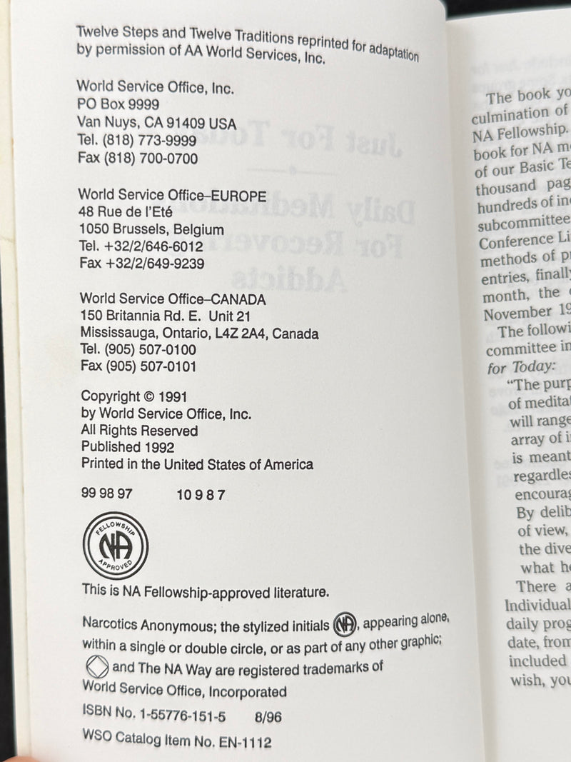 Just for Today — Daily Meditations for Recovering Addicts — Narcotics Anonymous — 1996 Printing