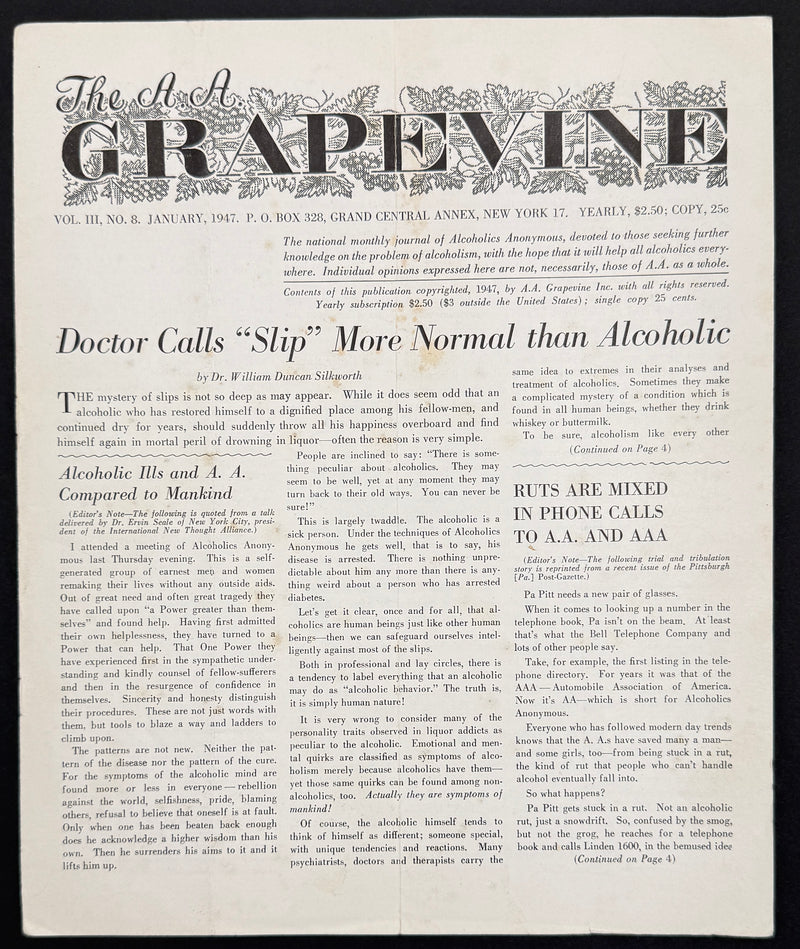 The A.A. Grapevine — January 1947 | Volume III, No. 8 | Dr. Silkworth & Bill W. Articles
