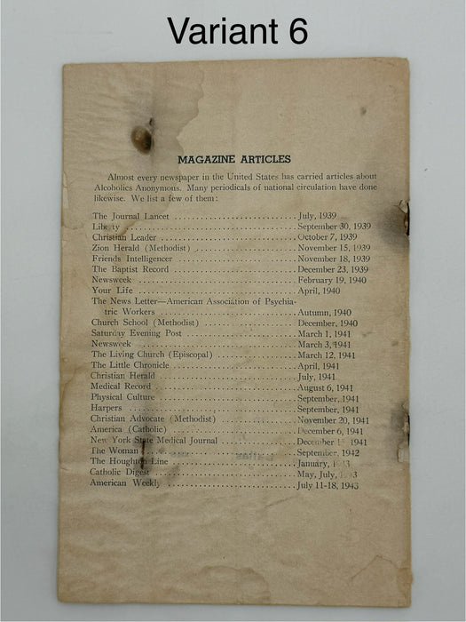 Alcoholics Anonymous 1943–1944 Early Pamphlet — Complete Set of Six Variants