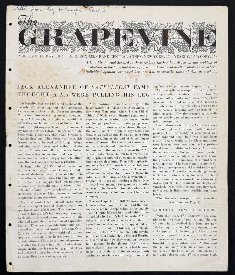 The A.A. Grapevine — May 1945 | Volume I, No. 12 | Jack Alexander & Marty Mann