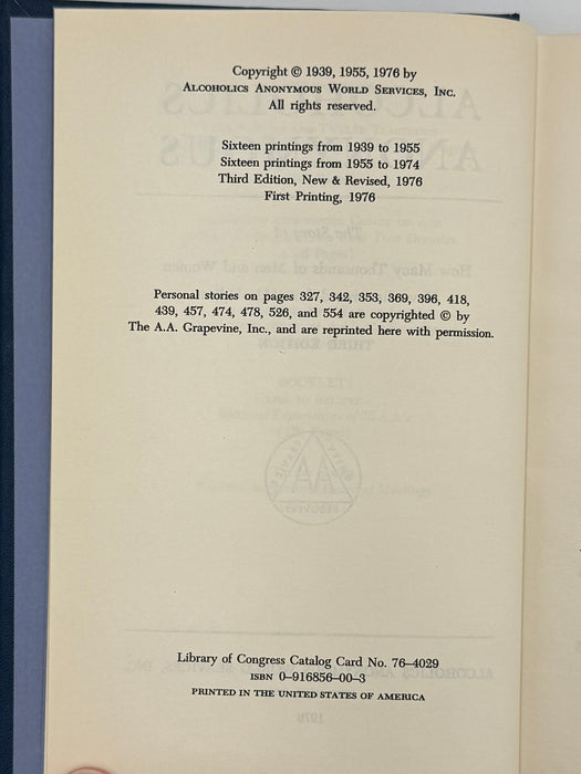 1976 Alcoholics Anonymous Big Book – Third Edition, First Printing – (ODJ)