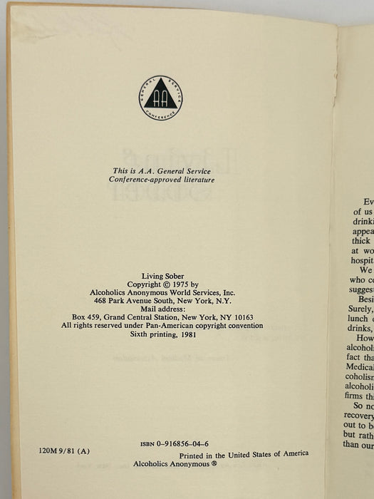 Living Sober - Sixth Printing from 1981