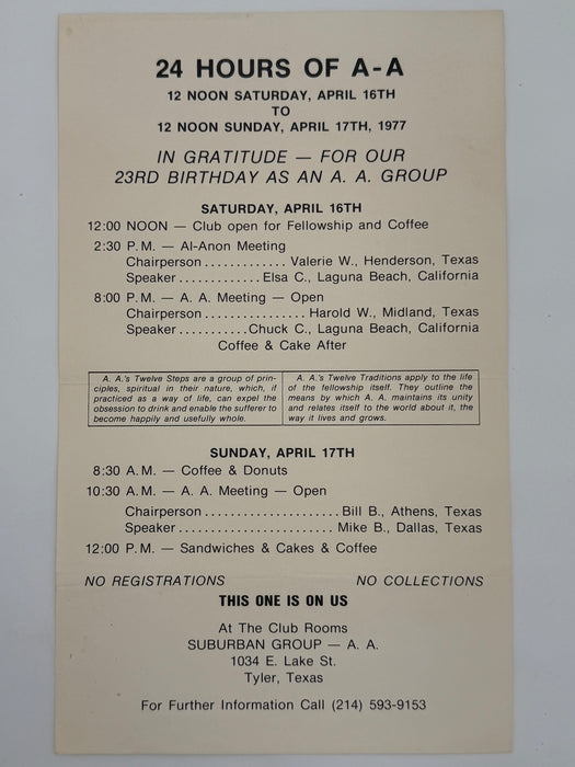 24 Hours of A.A. Poster – Suburban Group, Tyler, Texas - 1977