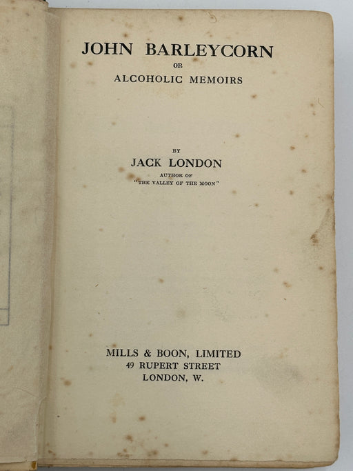 John Barleycorn by Jack London - First London Printing - 1914 Recovery Collectibles