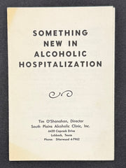 A vintage booklet or pamphlet cover titled 'SOMETHING NEW IN ALCOHOLIC HOSPITALIZATION' on an off-white background, photographed against a dark textured surface.