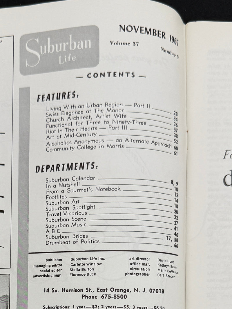 A photographed open magazine or book spread showing the November 1991 issue of Suburban Life, with the table of contents printed on the left page and the next page visible on the right.