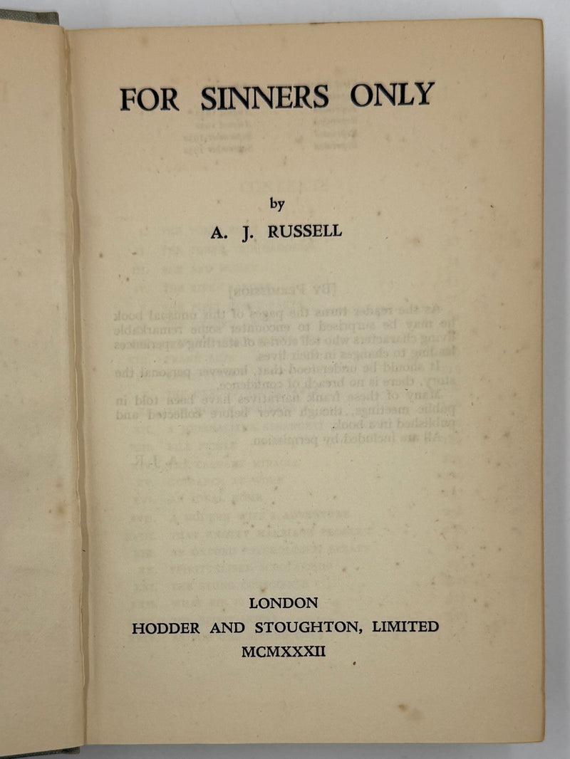 For Sinners Only by A.J. Russell - 6th English Printing from 1932
