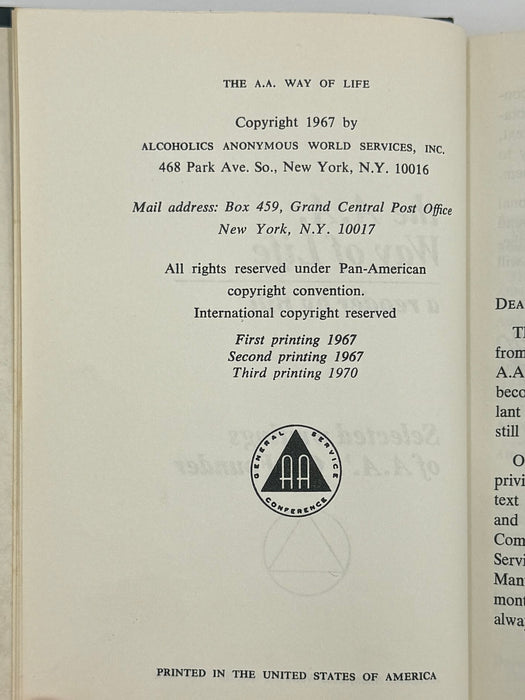 The AA Way Of Life - As Bill Sees It - 3rd Printing from 1970 with ODJ