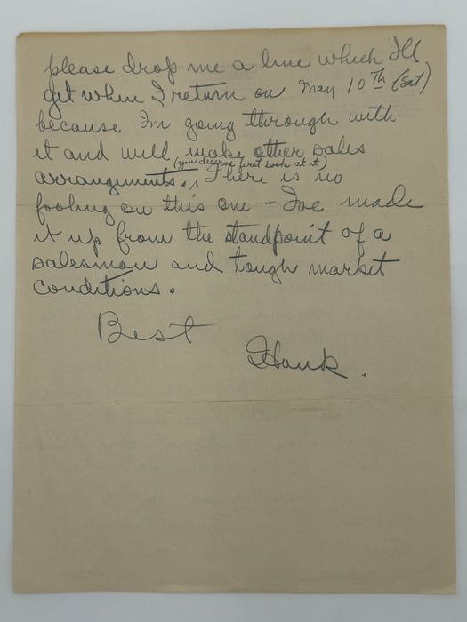 1947 Letter from Hank Parkhurst to Clarence Snyder