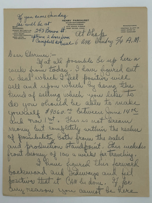 1947 Letter from Hank Parkhurst to Clarence Snyder