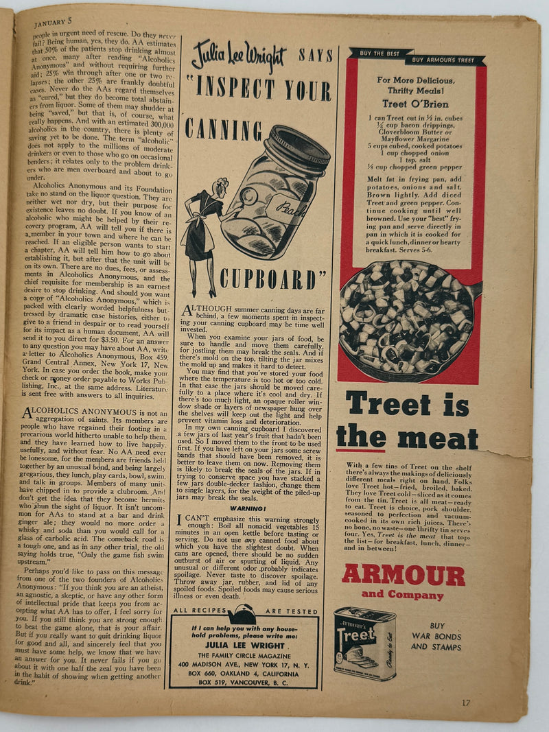 The Family Circle Magazine from January 1945 - Alcoholism is There a Cure?