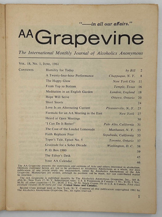 AA Grapevine from June 1961 - Humility for Today by Bill