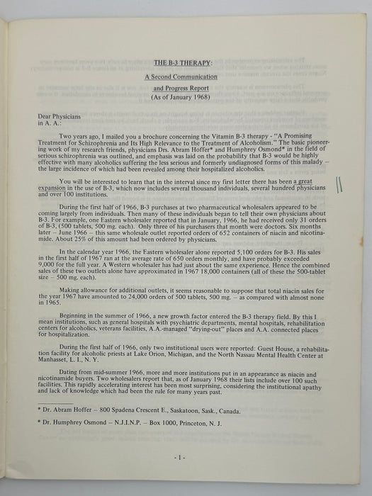 The Vitamin B-3 Therapy Communications - Signed by Bill W. & Dr. Abram Hoffer