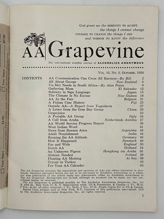 AA Grapevine from October 1959 - International Issue