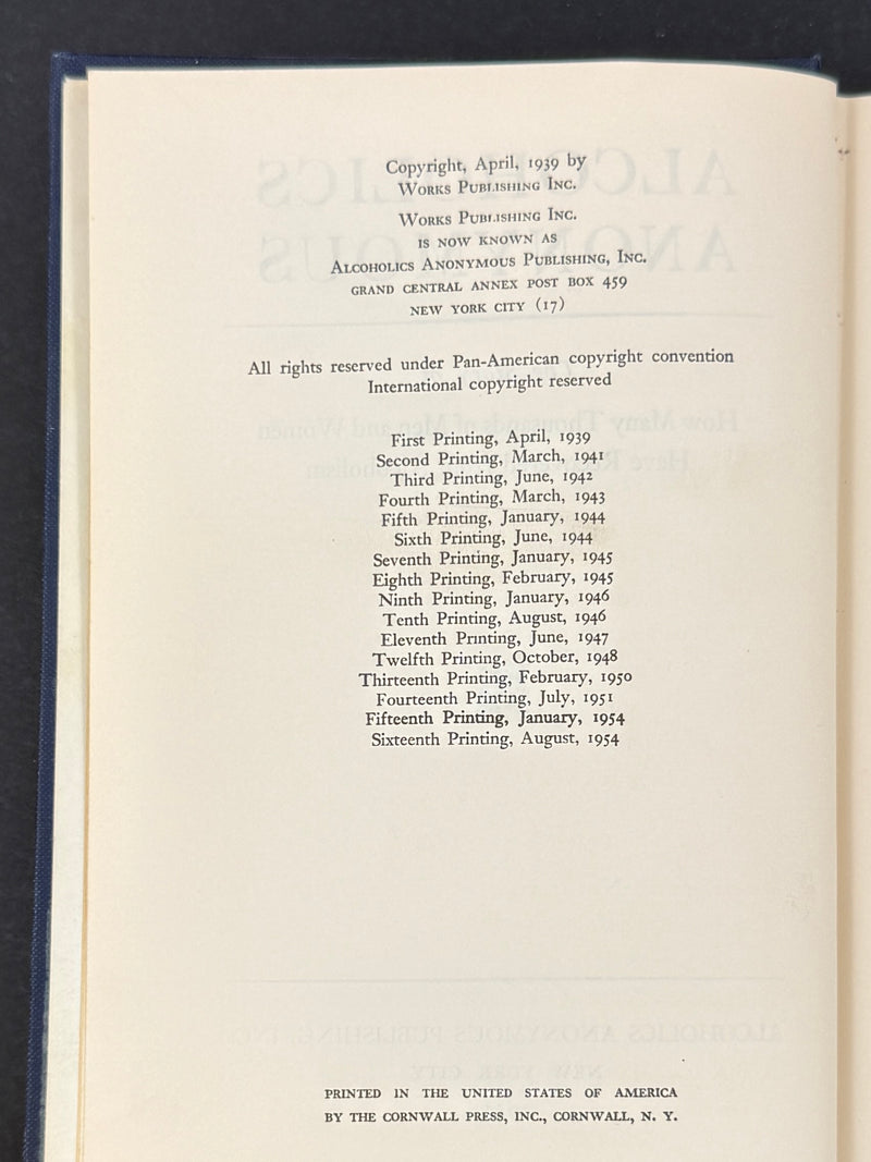 Alcoholics Anonymous Big Book — First Edition, Sixteenth Printing — August 1954 — Original Dust Jacket