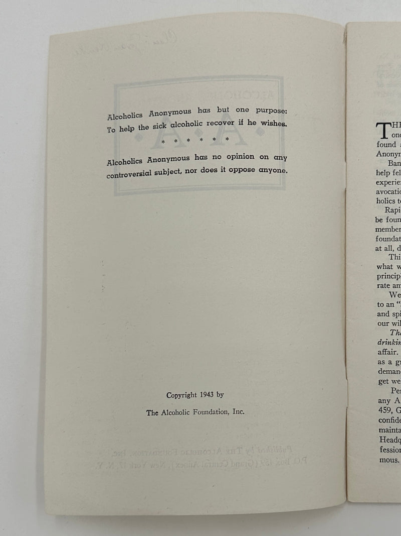 Alcoholics Anonymous Rare 1943 Promo Pamphlet Alcoholic Foundation
