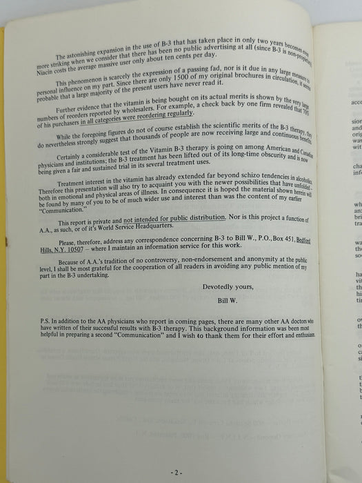 The Vitamin B-3 Therapy Communications - Signed by Bill W. & Dr. Abram Hoffer
