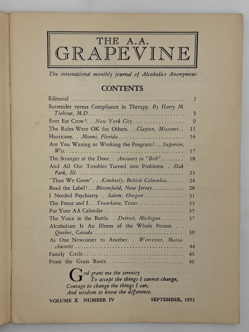 AA Grapevine - September 1953 - Surrender vs Compliance by Harry Tiebout Recovery Collectibles