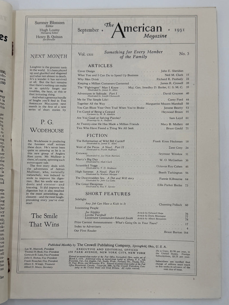 The American Magazine - Includes 'Why Men Drink' by Richard Peabody - September 1931