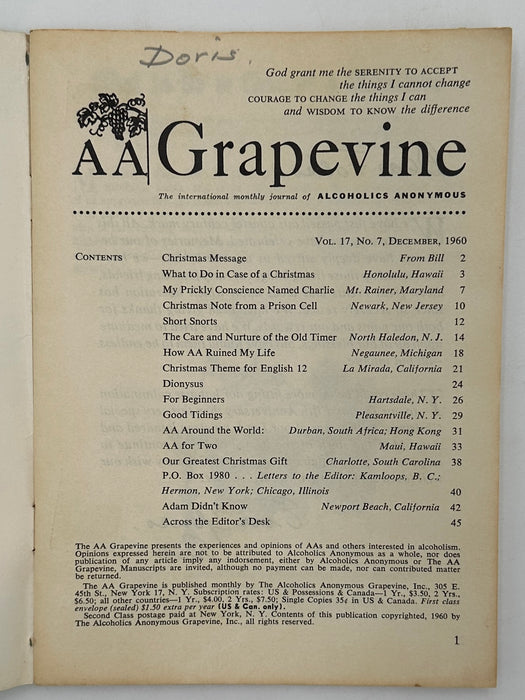 AA Grapevine from December 1960 - Christmas Message from Bill