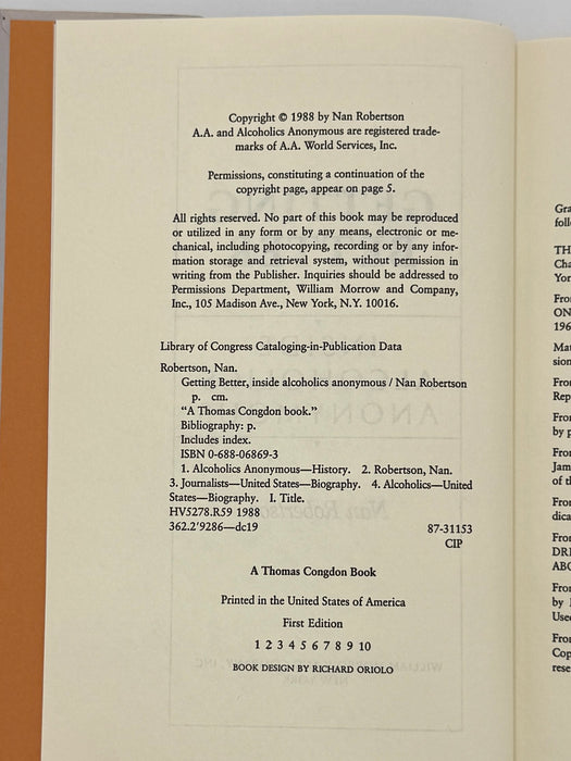 Getting Better: Inside Alcoholics Anonymous by Nan Robertson - 1st Printing from 1988